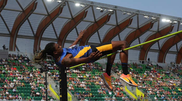 JuVaughn Harrison places third in the high jump at 7-7 3/4(2.33m) during the Prefontaine Classic at Hayward Field.